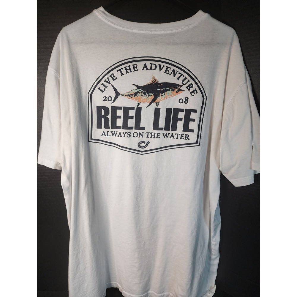 Reel Life Mens XXL T-Shirt White Cotton Graphic Tuna Fish Fishing Tee Short Slv